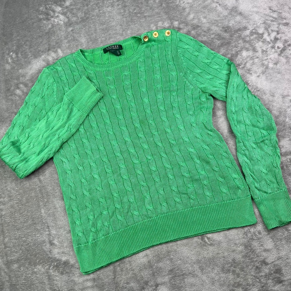 Lauren Ralph Lauren Cable Knit Sweater Womens Medium Green Gold Button Shoulder - Picture 2 of 8